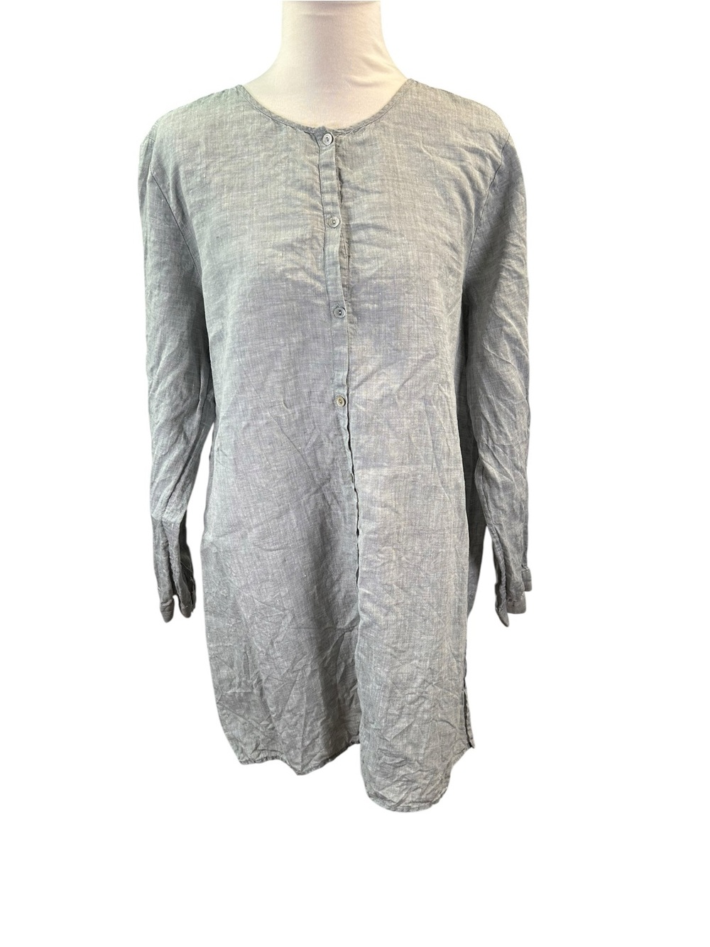 Eileen Fisher Linen Long Button Front Tunic Women’s L Quiet Luxury Coastal